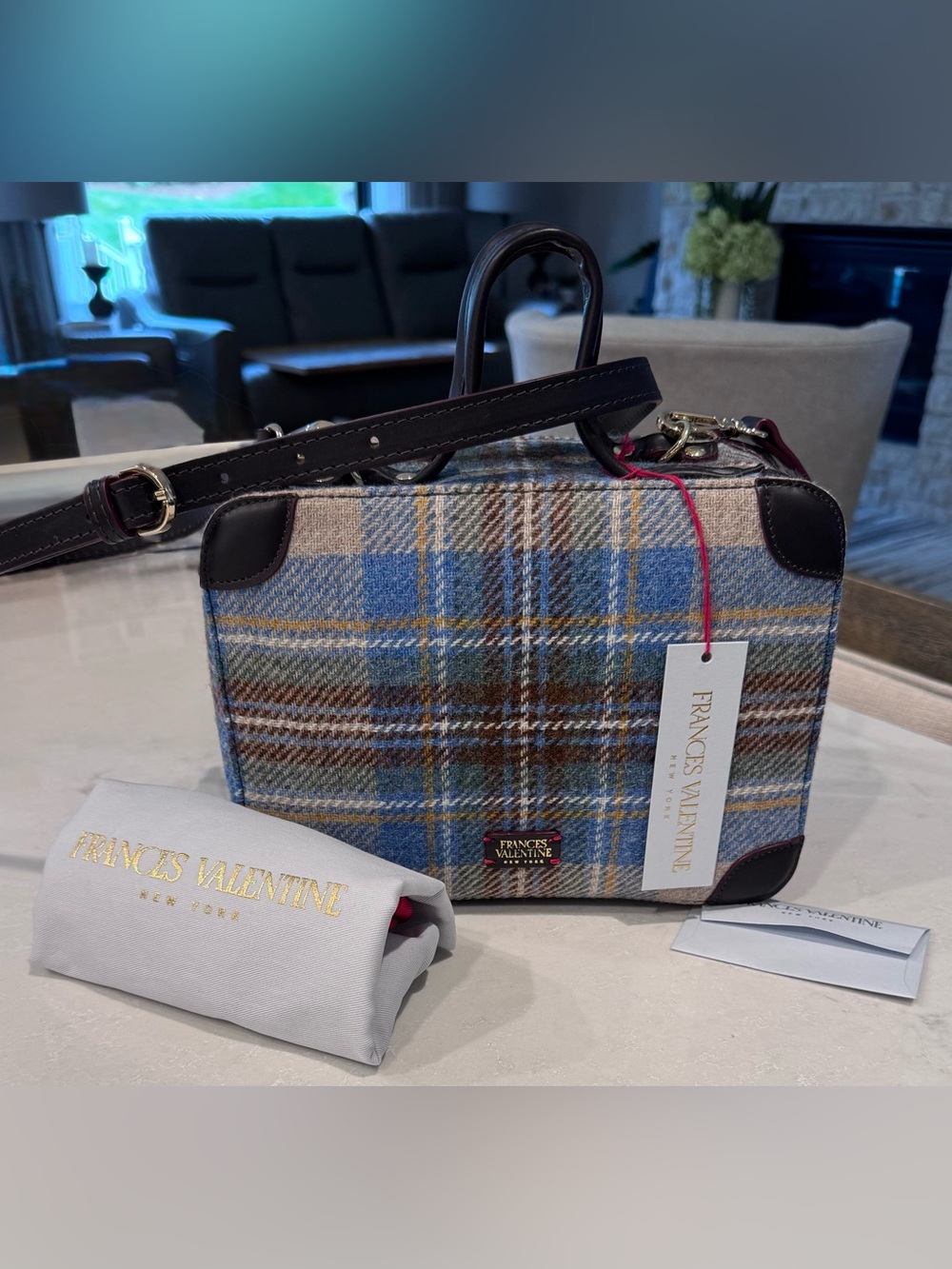 Frances Valentine Blue and Brown Plaid Wool Messenger Bag